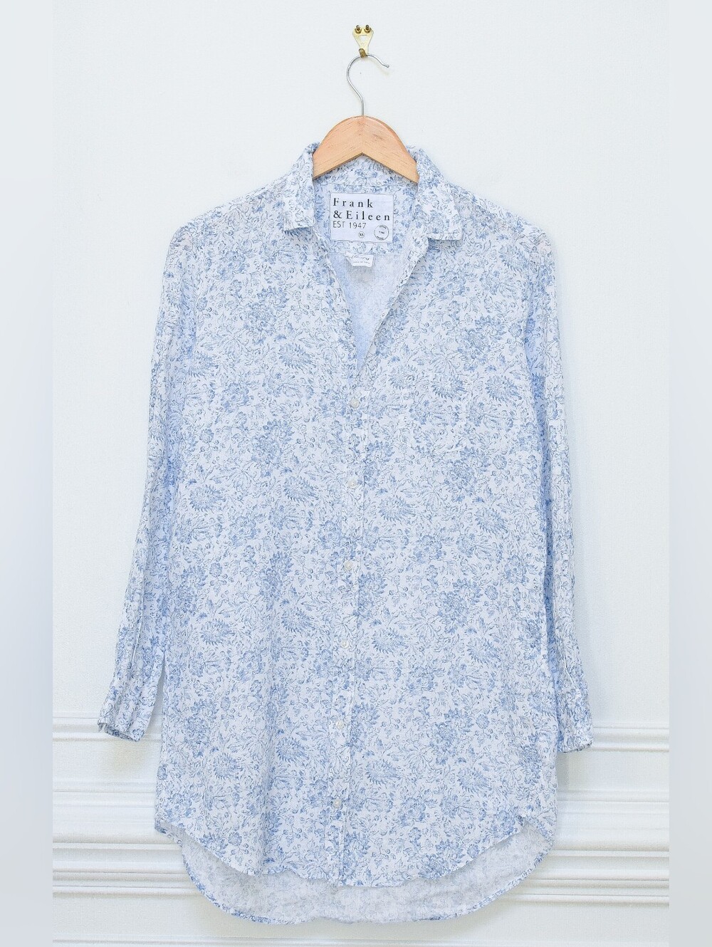 Frank & Eileen Mary Shirt Dress Linen Floral Blue White Size XS Coastal Heritage - Picture 3 of 15